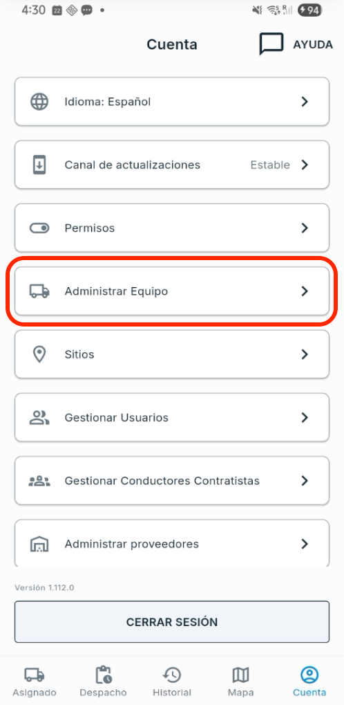 Cuenta: Administrar Equipo