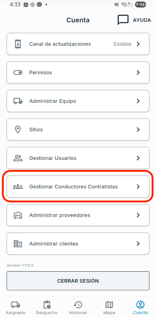 Cuenta: Gestionar Conductores Contratistas