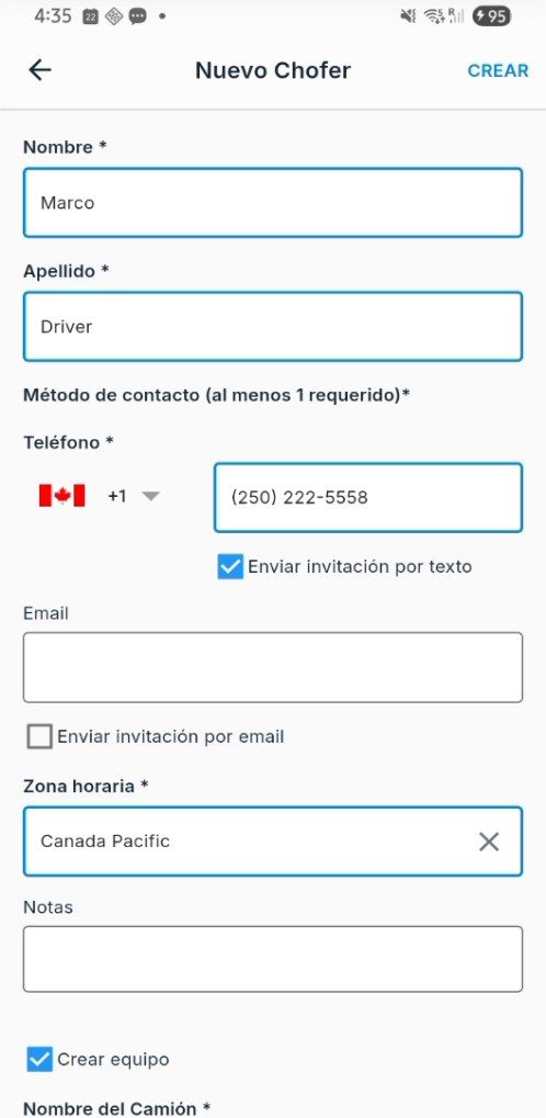 Nuevo Chofer: CREAR