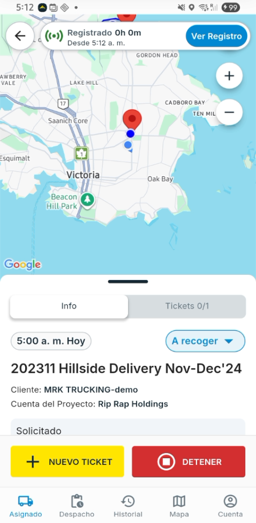 Trabajo activo: botón NUEVO TICKET