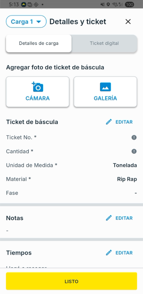 Formulario del ticket: foto y campos