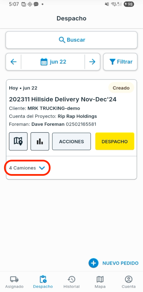 Despacho: toca la flecha hacia abajo para ver los camiones asignados